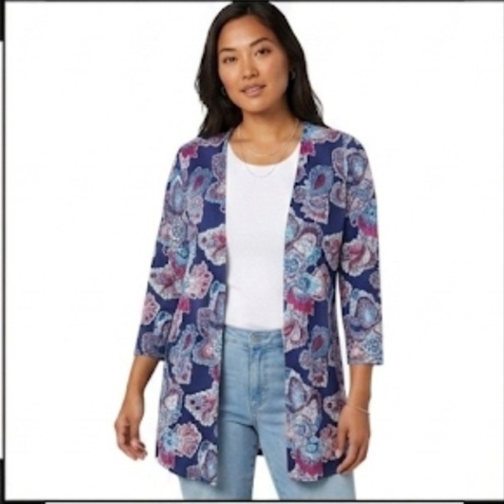 Chico's NWT Womens Outline Floral Cardigan Tunic Top Cotton Knit Cottagecore MP